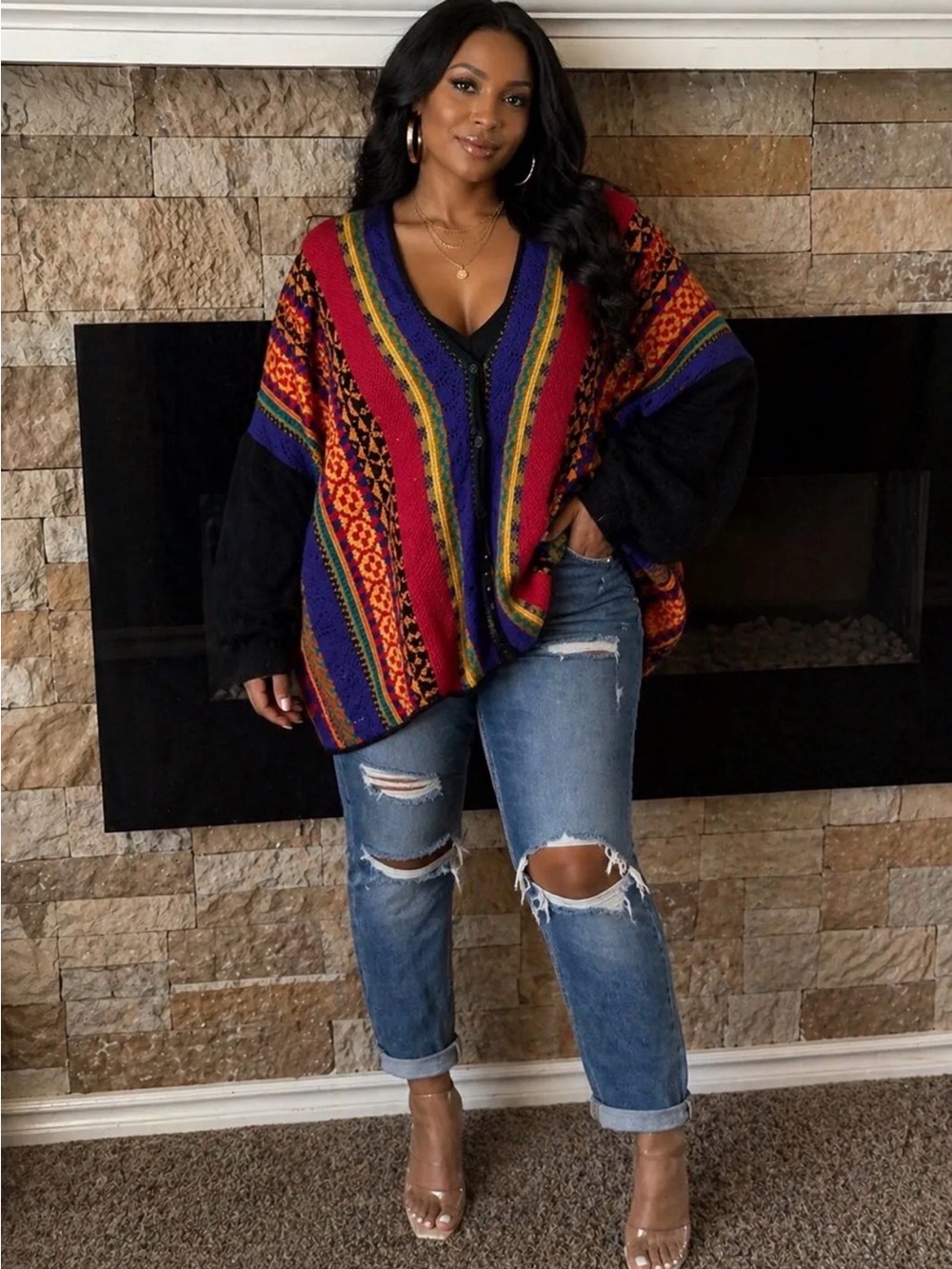 90s Vintage Oversized V-Neck Multicolor Striped Women's Sweater